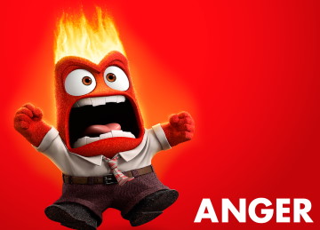 Angry figure in front of red background.